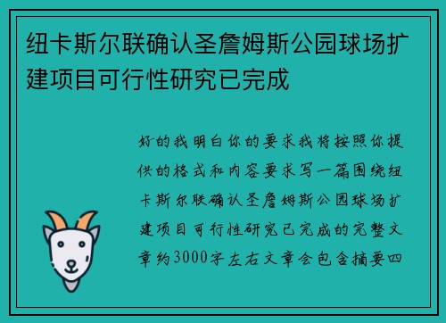 纽卡斯尔联确认圣詹姆斯公园球场扩建项目可行性研究已完成