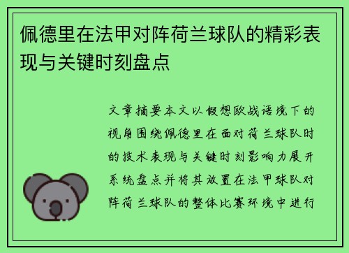 佩德里在法甲对阵荷兰球队的精彩表现与关键时刻盘点
