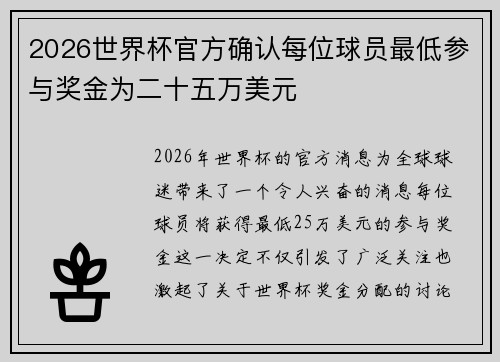 2026世界杯官方确认每位球员最低参与奖金为二十五万美元 2026世界杯官方确认每位球员最低参与奖金为二十五万美元